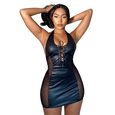 China Fashion Mini Dress PU Solid Color Leather Breathable Sexy Stitching Lace Up Hollow Out Backless Dress For Women Party Night Clubwear for sale