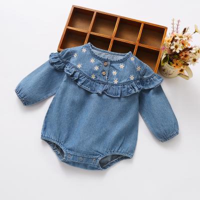 China 2021 Spring Casual Wholesale Embroidery Ruffle Soft Denim Romper Baby for sale