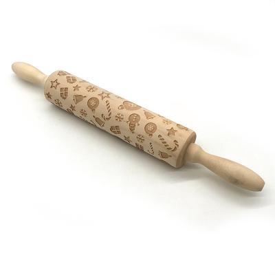 China Sustainable Christmas Rolling Pin Embossed Christmas Engraved Rolling Pin Print Wooden Rolling Pin to support cookie pizza for sale