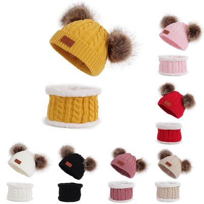 China A1634 Environmental Friendly Winter Kids Pom Hat Suits Gorro Wool Toddler Double Scarves 2pcs Hat Baby Knitted Pom Pom Beanie Hats Scarf Sets for sale