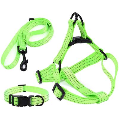 China Padded 3 in 1 Night Safe Reflective Adjustable Double Band Nylon Pet Harness Dog Collar Leash Set for sale