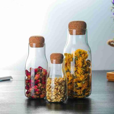 China Viable Clear Glass Storage Bottle / Jar With Cork Ball Stopper High Borosilicate Glass Storage Jar With Cork Stopper for sale