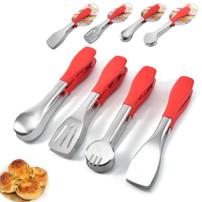 China Sustainable BBQ Food Locker 4 Pieces Stainless Steel Food Tongs With Red Silicone Handle for sale