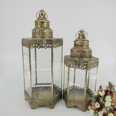 China European Antique Gold Metal Candle Lantern with Glass Set of 2 for sale