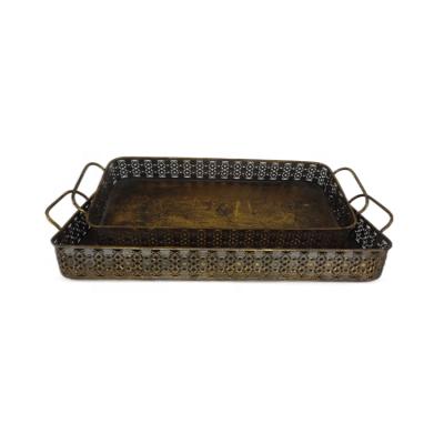 China Vintage Sustainable Luxury Brass Copper Metal Decoration Hollow Storage Tray For Food Bread Serving Drinks for sale