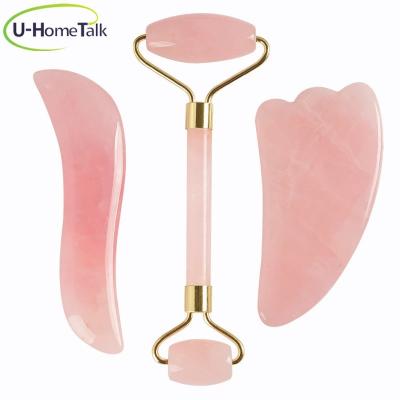 China Whitening 100% Natural Silent Pink Rose Quartz Stone Jade Roller Set With Guasha Tool for sale