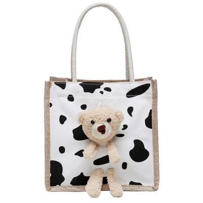 China Lady Folding Fashion Bear Canvas Bag Personality Graffiti Jute Cloth Tote Bags Cute Jute Shopping Pouch Bag for sale