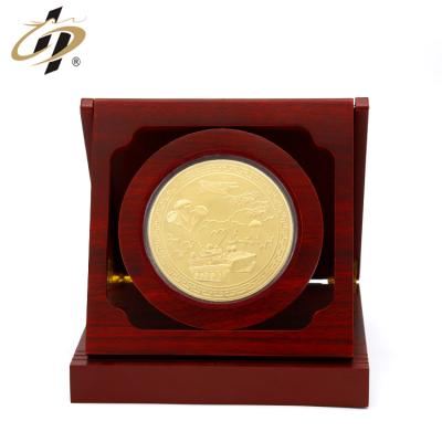 China Europe factory direct custom gold emboss own design souvenir military coin medallion with wooden box for sale