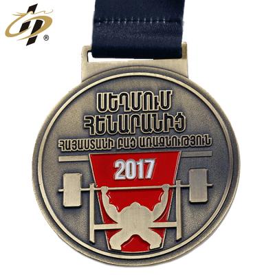 China Custom Enamel Zinc Alloy 3d Soft Logo Metal Weightlifting Sport Challenge Bronze Medal With Ribbon for sale