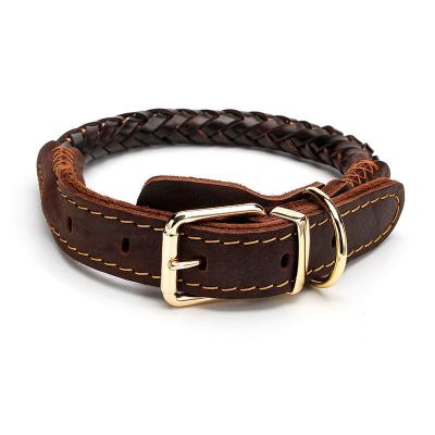 China Customized Durable Cowhide Pet Collars Brown Knitting Adjustable Leather Dog Collar Breathable For Medium Large Dogs for sale