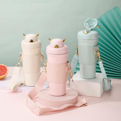 China Viable Cute 500ml Devil Insulated Fashion Stainless Steel Vacuum Water Bottle Tumbler Cup With Straw With Leather Sleeve for sale