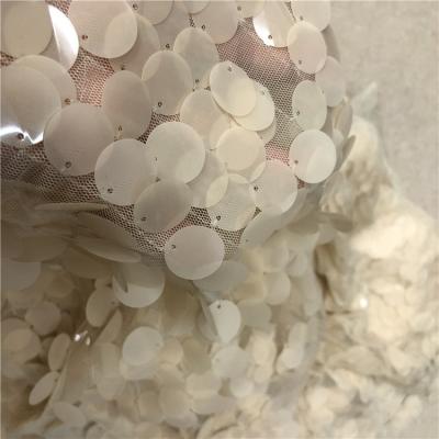 China New Style 100 Polyester Heavy Ivory Shimmer Mermaid Sequin Embroidery 18mm Round Elastic Mesh Fabric For Background Decoration for sale