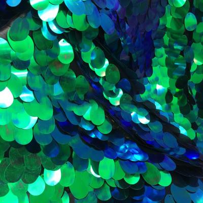 China High Quality Stretch Factory Sale Directly Sparkle Oval Mermaid 40mm Large Turquoise Sequin Embroidery Fabric For Textile Cloth Material for sale