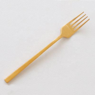 China Japan Cotta Matte Gold Long Handle Dinner Fork Fruit Dessert Steak Fork Stainless Steel Disposable Cutlery for sale