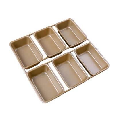 China Baking Tray 21.5*21.5cm Brownie Cake Baking Pan Mold 6 Holes Carbon Steel Rectangular Sustainable Box Toast Tray Gold And Black for sale