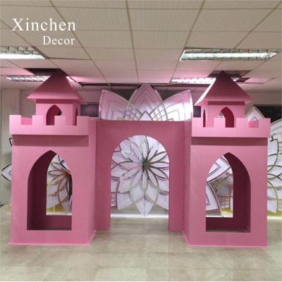 China Factory Price PVC Dream Acrylic Pink Castle Backdrop For Wedding Party Decoration for sale