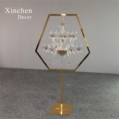 China Luxury Special Design XC-405 Hexagon Gold Metal Crystal Hanging Candelabras For Wedding Centerpiece for sale