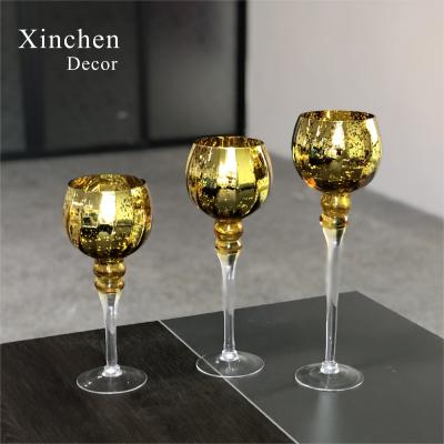 China Luxury Hot Selling Shiny 3 Pcs Set Gold Wine Glass Candle Holder For Wedding Event Decor for sale