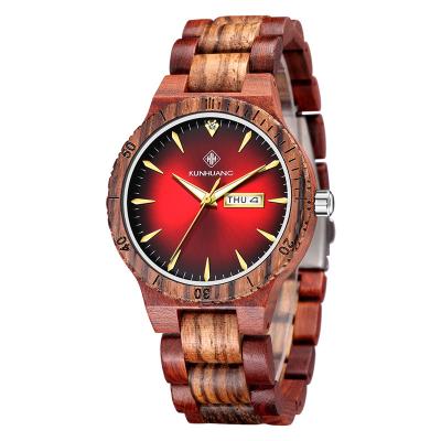 China New Movt Day/Date Wristwatch Luminous Indicator Watch Red Wooden Quartz Watch For Men for sale