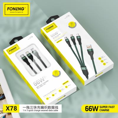 China Hot Selling FONENG X78 Model Mobile Phone 3 IN 1 Data Cable 66W SUPER FAST CHARGE for sale