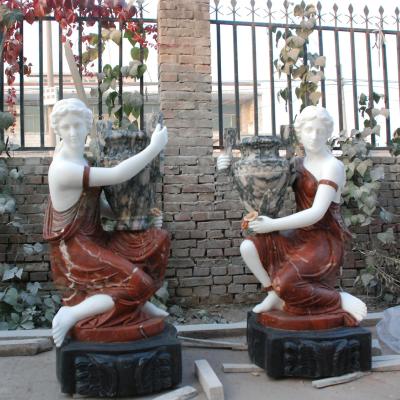 China Traditional Outdoor Garden Decoration Life Size Natural Hand Carved Stone Lady With Jar Marble Statue for sale