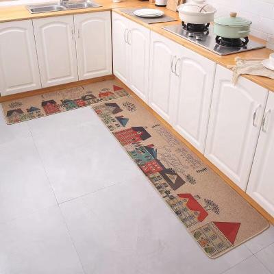 China Washable Printed Linen Floor Mat Door Mat Rubber Absorption Oil And Water All Seasons Non-slip Kitchen Mat for sale