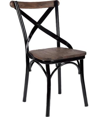 China Eco-friendly Antique X-back Design Kitchen Restaurant Dining Cube Chair With Wooden Seat Metal Cafe Chair for sale