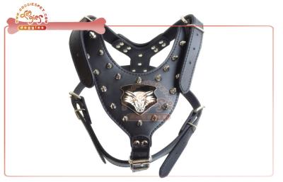 China Heavy Duty Walking Leather Adjustable Dog Harness With Spiked And Metal Plated for sale