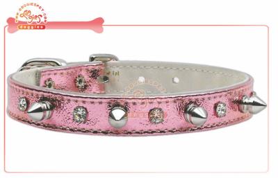 China Fancy Metallic PU Pet Collar And Leash For Walking With Crystal Charm And Spike Hardware for sale