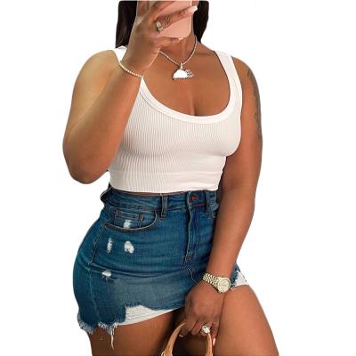 China 2021 Fashion Breathable Design High Waist Hole Hollow Irregular Hip Covering Bodycon Short Denim Skirt for sale