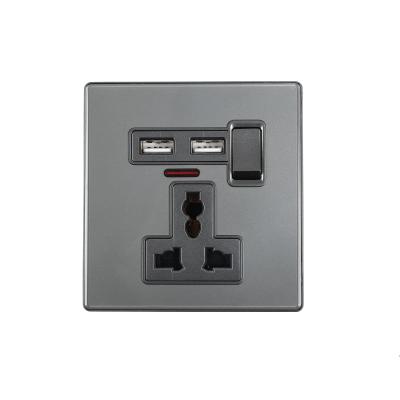 China UK Standard Gray Universal Large Panel 3pin Switched Socket With Single Neon Strip And 2 USB Socket Wall Plate for sale