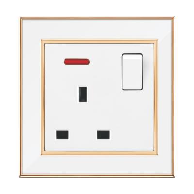 China Hot Sale UK Standard PC Materials White Color With Gold Plating Frame 13A Switched Socket With Neon for sale