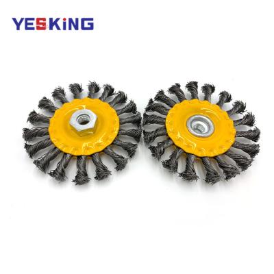 China Weeding Rust Removal Yellow Flat Wire Brush Wheel Stainless Steel Cover Twisted Polishing Industrial Scaling Brushes for sale