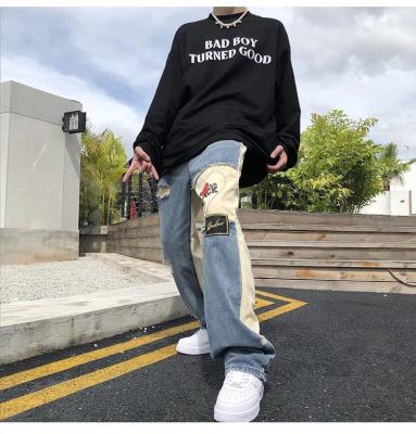 China Hot Men's STYLE Harajuku popular seller streetstyle patchwork designer breathable lattice PUNK PUNK STYLE jeans stacked jeans for sale