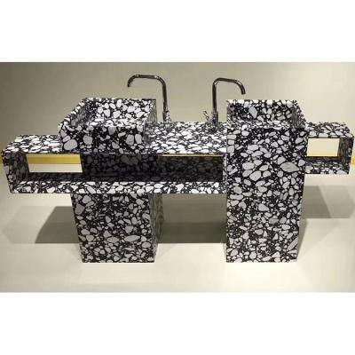 China Terrazzo Stone Double Sink Easy Clean Solid Surface Cultured Bathroom Vanity Marble Top With Undermount Sink for sale