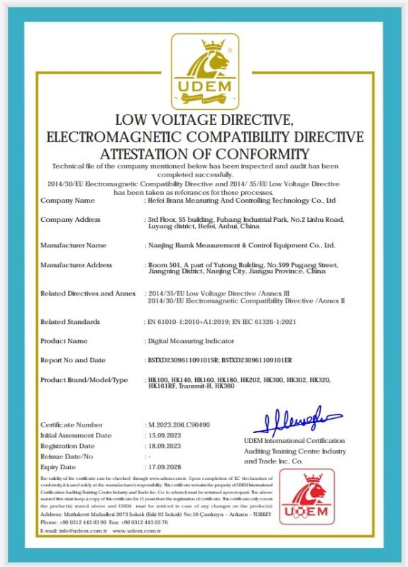 LOW VOLTAGE DIRECTIVE, ELECTROMAGNETIC COMPATIBILITY DIRECTIVE ATTESTATION OF CONFORMITY - Brans Measuring And Controlling Technology Co., Ltd