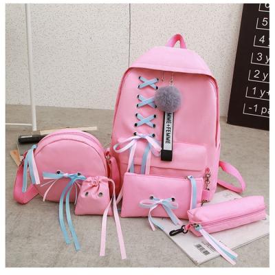 China Breathable 5 Pcs Set Canvas Backpack Ribbon Handbag Shoulder Drawstring Satchel School Backpacks for sale