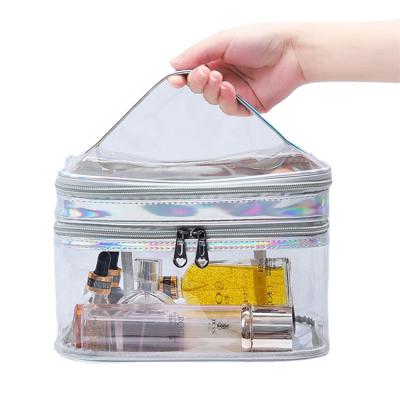 China Double Layer Colorful Clear Portable Travel PVC Large Capacity Zipper Cosmetic Bag Laser Make Up Case Bag For Ladies for sale