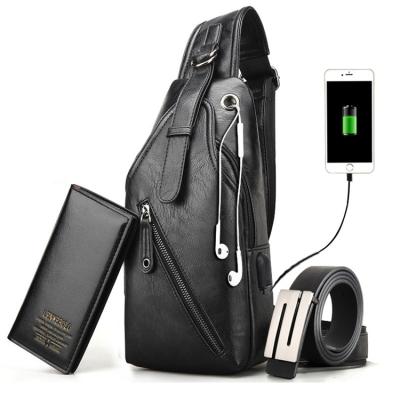 China 2021 Multifunctional Fashion PU Leather Chest Shoulder Backpack Body Bag Belt 3 PCs Wallet Cross Set USB Sling Bag For Men for sale