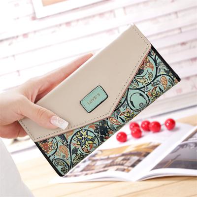 China Small Floral Rhombus Contrast Color Envelope Buckle Clutch Bag Card Holder Wallets Waterproof PU Leather Ladies Long Wallets for sale