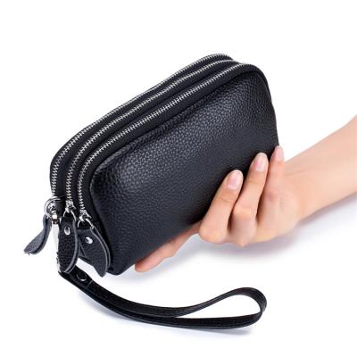 China Fashion Women Wallet Zipper Purse Bag Genuine Leather 3-Layer Money Long Clips Wristband Clutch Wallets Large Capacity Phone Bag for sale