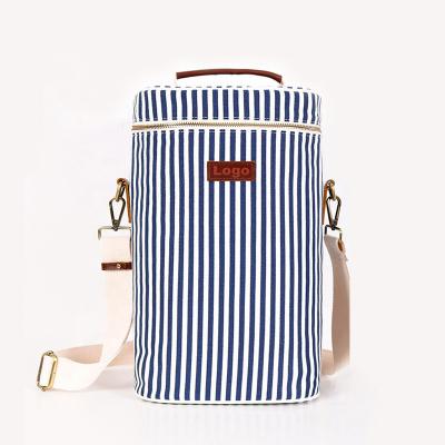 China Waterproof Striped Canvas Insulated 2 Bottle Travel Wine Carrier Bag Insulated Wine Carrier Cooler Packaging With Handle for sale