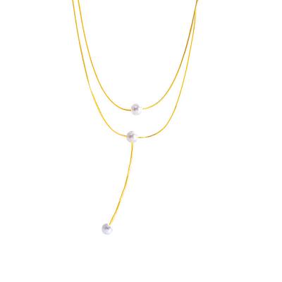 China CLASSIC Multilayer Brass Whimsical Pearl Geometric Pendant Necklaces Long Gold Tassel Necklaces for sale