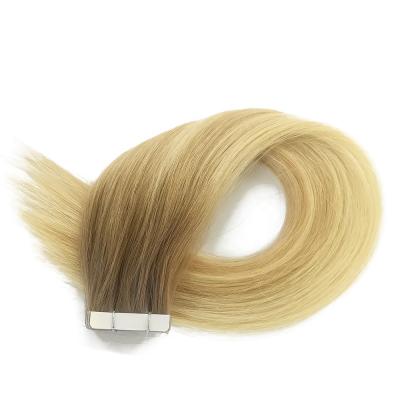 China Straight Tape In Hair Extensions R8/D16/22 Rooted Brown Blonde 100% Virgin Human Hair Double Rooted Cuticle Pulled Aligned Hair Wefts 14-24 Inch for sale