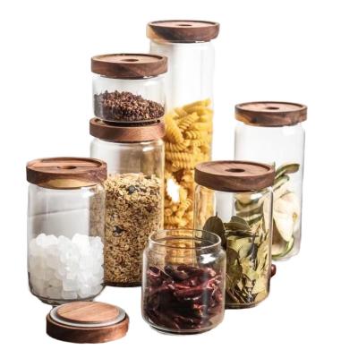 China Sustainable YOLOWE HOME 4pcs 520ml Acacia Wood Lid Glass Sealed Storage Jar 18oz Condiment Jar Kitchen Storage Coffee Bean Container Jar for sale