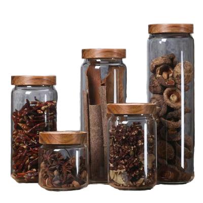 China Sustainable YOLOWE HOME 4-pack 750ml acacia wood lid borosilicate glass airtight storage jar 26 oz kitchen storage coffee bean container jar for sale