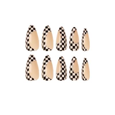 China Custom Design Logo New 24Pcs/Box Black And White Checkerboard French Nails Wholesale Full Cover Almond Press On Nails With Glue for sale