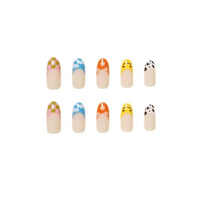 China 24PCS/Set Design Nail Art Boxed Custom Spotted Cloud Flowers French Nail Tips Full Cover Long Almond Press Artificial Finger for sale