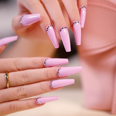 China Decorate FakeNails Custom French Ballerina Coffin Nail Along With 3D Pink French Artificial Rhinestones DIY Nail Tips For Women for sale