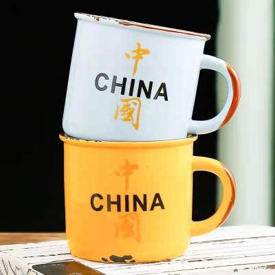 China Viable Creative Enamel Ceramic Mug Retro Chinese National Flower Bank Jewelery Cup Style 300ml Luster Imitation Ceramic Mug for sale